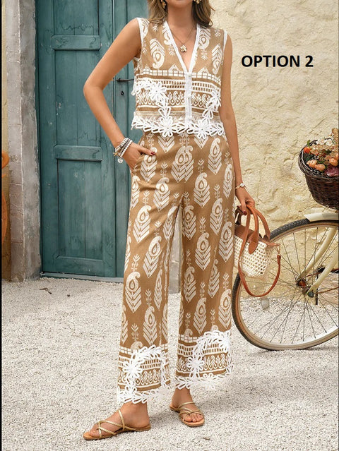 New Fashion Casual Print Color Block Vest Top Long Pants Set CODE: KAR3938