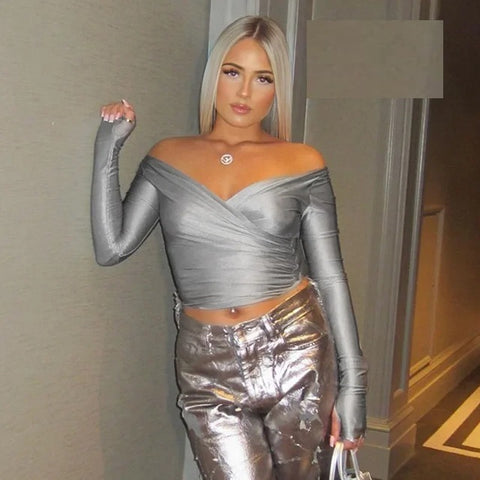 New Deep V Neck Long Sleeve Sexy Crop Top CODE: KAR3949