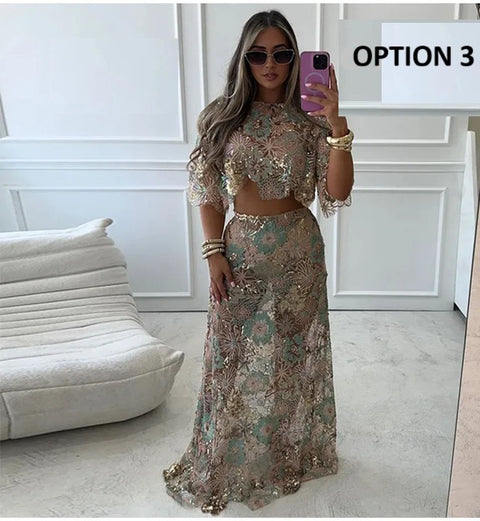 New Embroidered Sequins Long and Short Sexy two piece Set CODE: KAR3954