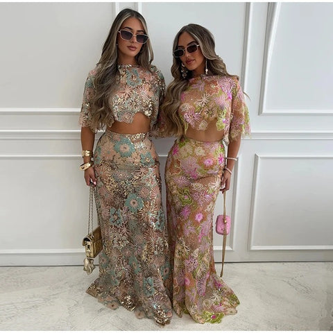New Embroidered Sequins Long and Short Sexy two piece Set CODE: KAR3954