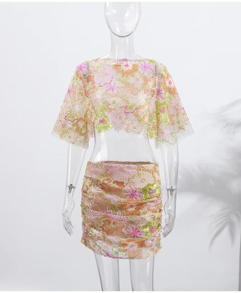 New Embroidered Sequins Long and Short Sexy two piece Set CODE: KAR3954