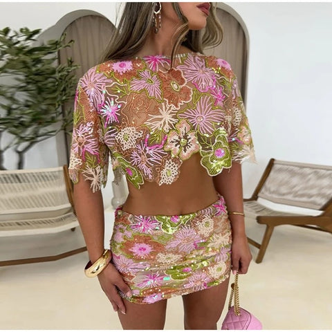 New Embroidered Sequins Long and Short Sexy two piece Set CODE: KAR3954