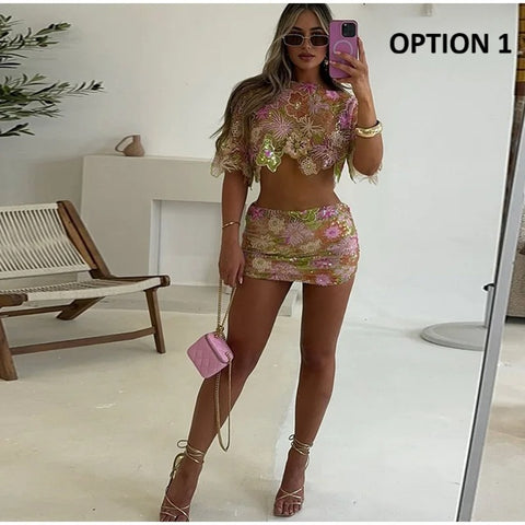 New Embroidered Sequins Long and Short Sexy two piece Set CODE: KAR3954