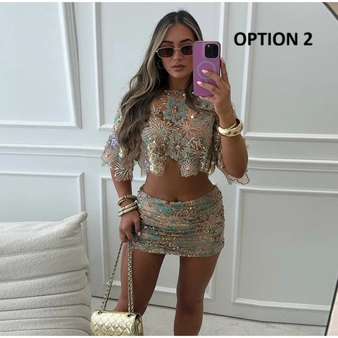 New Embroidered Sequins Long and Short Sexy two piece Set CODE: KAR3954