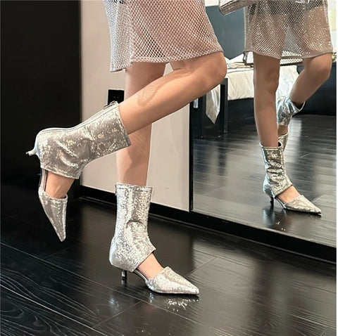 New Sequined Pointed Ankle Zipper Sexy High Heel Boots CODE: KAR3958