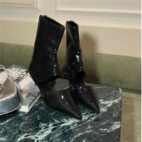 New Sequined Pointed Ankle Zipper Sexy High Heel Boots CODE: KAR3958