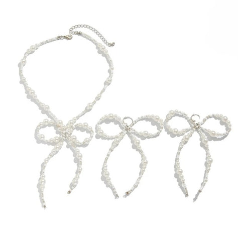 New Delicate Alloy Glossy Pearls Bowknot Design Necklace Earrings CODE: KAR3960