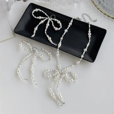 New Delicate Alloy Glossy Pearls Bowknot Design Necklace Earrings CODE: KAR3960