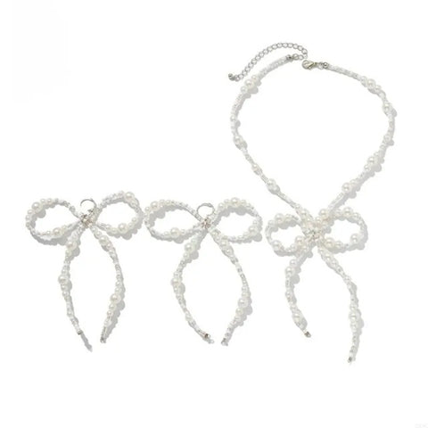 New Delicate Alloy Glossy Pearls Bowknot Design Necklace Earrings CODE: KAR3960