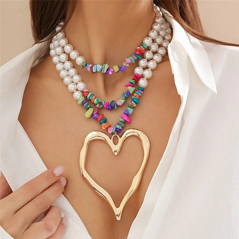 New Elegant Big Love Heart Pendant Choker Multilayer Pearl Necklace CODE: KAR3961