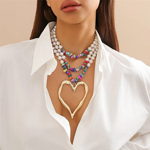 New Elegant Big Love Heart Pendant Choker Multilayer Pearl Necklace CODE: KAR3961