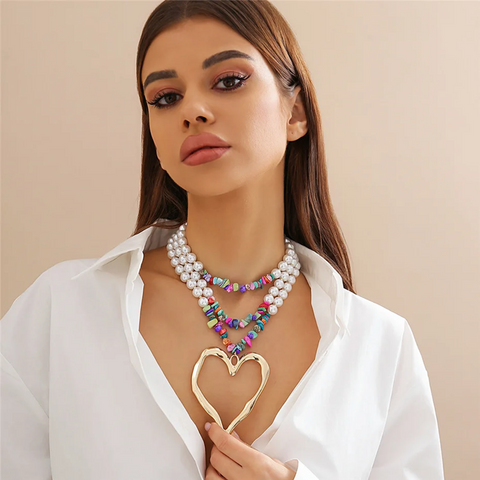 New Elegant Big Love Heart Pendant Choker Multilayer Pearl Necklace CODE: KAR3961