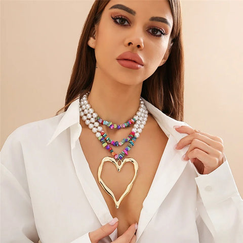 New Elegant Big Love Heart Pendant Choker Multilayer Pearl Necklace CODE: KAR3961