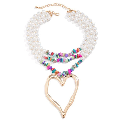 New Elegant Big Love Heart Pendant Choker Multilayer Pearl Necklace CODE: KAR3961