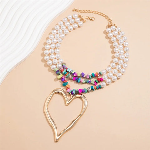 New Elegant Big Love Heart Pendant Choker Multilayer Pearl Necklace CODE: KAR3961