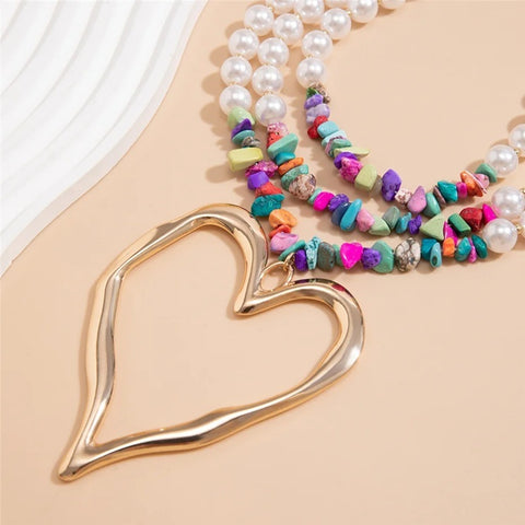 New Elegant Big Love Heart Pendant Choker Multilayer Pearl Necklace CODE: KAR3961