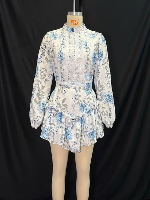 New Printed Stand Collar Bubble Sve Casual High Waist Short Dress CODE: KAR3966