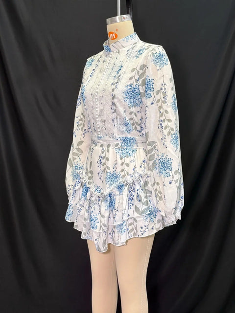 New Printed Stand Collar Bubble Sve Casual High Waist Short Dress CODE: KAR3966