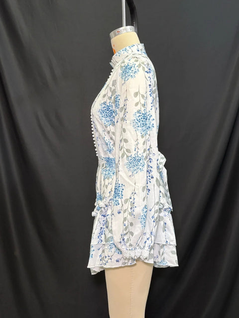 New Printed Stand Collar Bubble Sve Casual High Waist Short Dress CODE: KAR3966