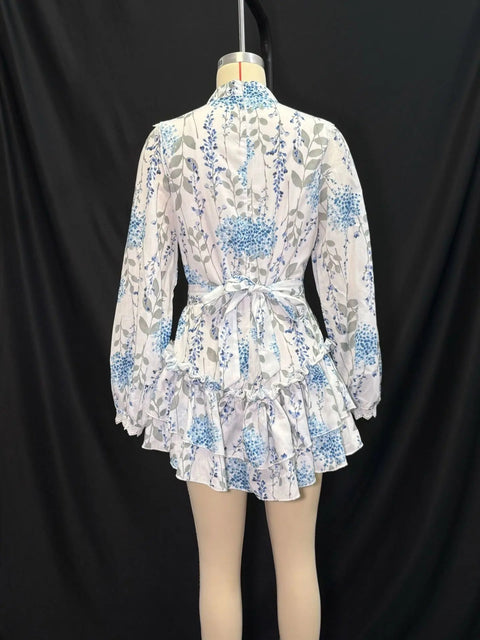 New Printed Stand Collar Bubble Sve Casual High Waist Short Dress CODE: KAR3966