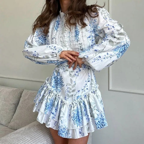 New Printed Stand Collar Bubble Sve Casual High Waist Short Dress CODE: KAR3966