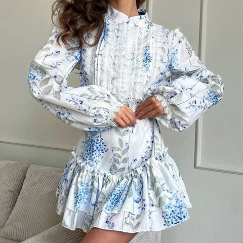 New Printed Stand Collar Bubble Sve Casual High Waist Short Dress CODE: KAR3966