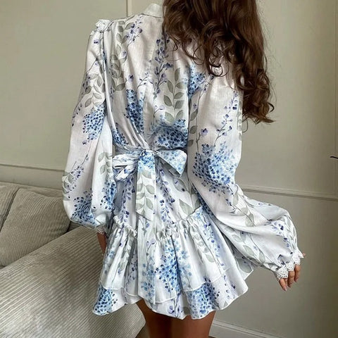New Printed Stand Collar Bubble Sve Casual High Waist Short Dress CODE: KAR3966