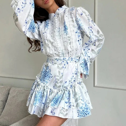 New Printed Stand Collar Bubble Sve Casual High Waist Short Dress CODE: KAR3966