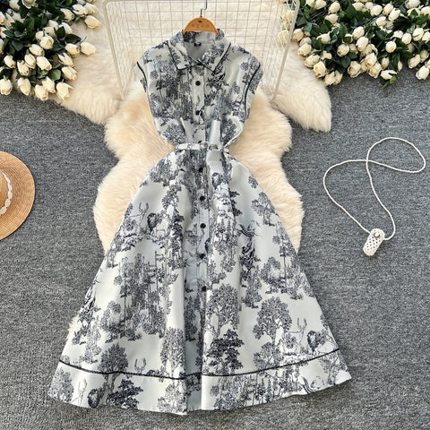 New High Waist Turn-down Collar Floral Embroidery Midi Dress CODE: KAR3968