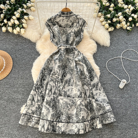 New High Waist Turn-down Collar Floral Embroidery Midi Dress CODE: KAR3968