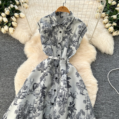 New High Waist Turn-down Collar Floral Embroidery Midi Dress CODE: KAR3968