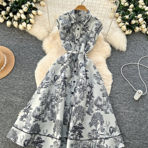 New High Waist Turn-down Collar Floral Embroidery Midi Dress CODE: KAR3968