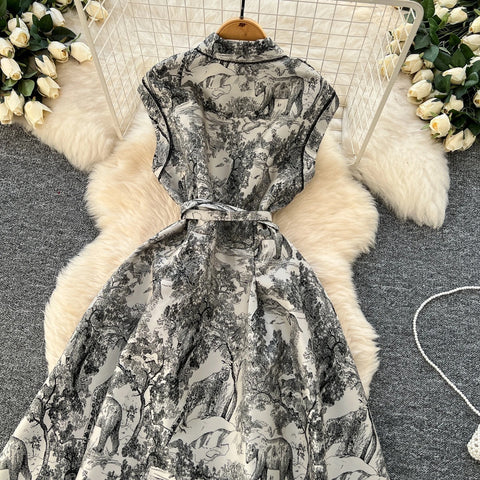 New High Waist Turn-down Collar Floral Embroidery Midi Dress CODE: KAR3968