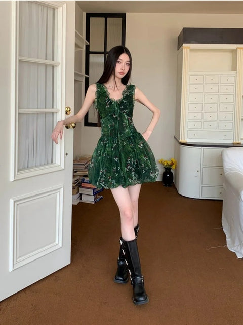 New Sexy Floral  Ruffle V-neck Sleeveless Short Dress CODE: KAR3972