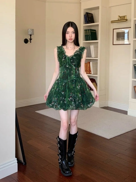 New Sexy Floral  Ruffle V-neck Sleeveless Short Dress CODE: KAR3972