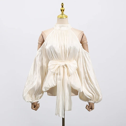 New Designer Shoulder Leakage Short Sleeve Commute Blouse Top CODE: KAR3973