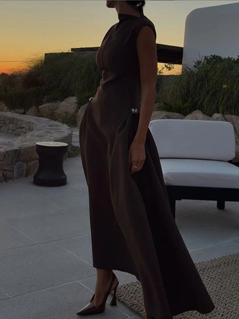 New Collar Pleated Sleeveless Slim Evening Party Long Dresses CODE: KAR3979