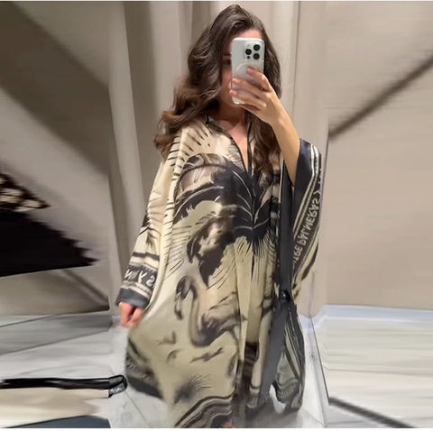 New Floral Printed O-neck Full Sleeve Slit Long Dress CODE: KAR3981