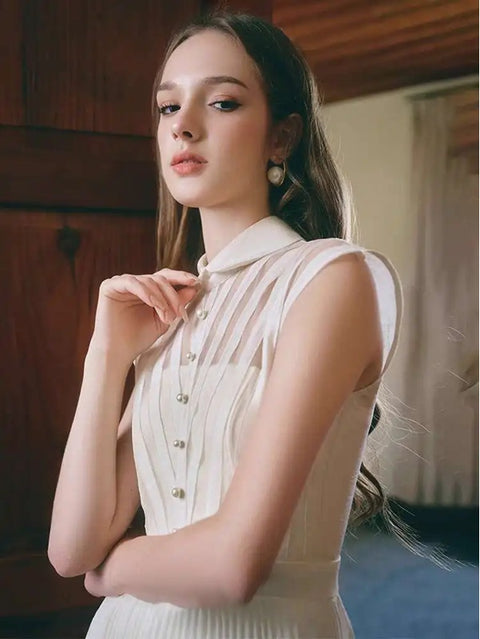 New Spliced Strip Pleated Sleeveless Patchwork Mesh Elegant Dress CODE: KAR3983