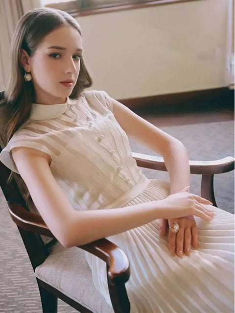 New Spliced Strip Pleated Sleeveless Patchwork Mesh Elegant Dress CODE: KAR3983