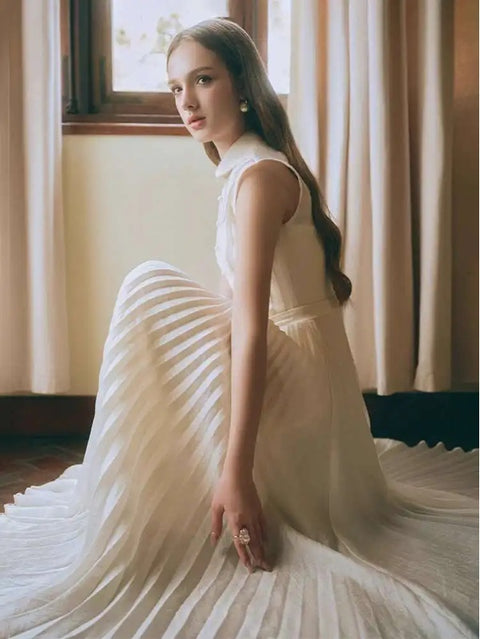 New Spliced Strip Pleated Sleeveless Patchwork Mesh Elegant Dress CODE: KAR3983