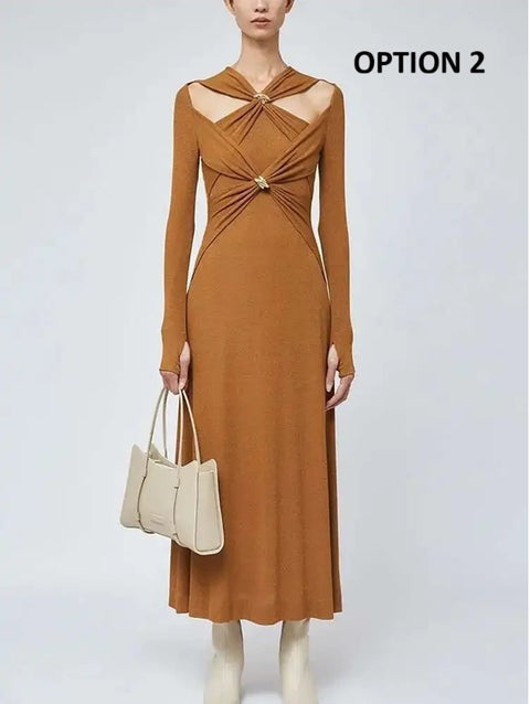 New Knitted Long Sleeve Slim Cross Knot Zip Dress CODE: KAR3984