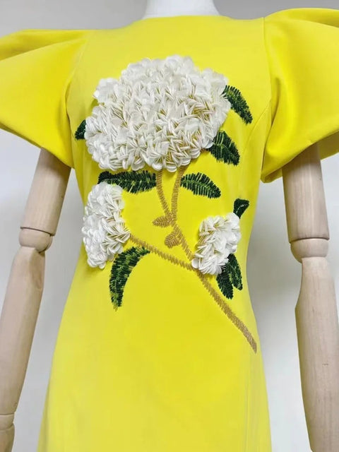 New Spliced Appliques O Neck Short Sleeve High Waist Dress CODE: KAR3987