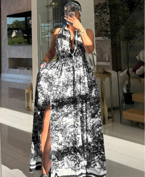 New Tie-dye Printing Sleeveless High Slit Patchwork Long Dress CODE: KAR3990