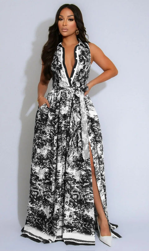 New Tie-dye Printing Sleeveless High Slit Patchwork Long Dress CODE: KAR3990