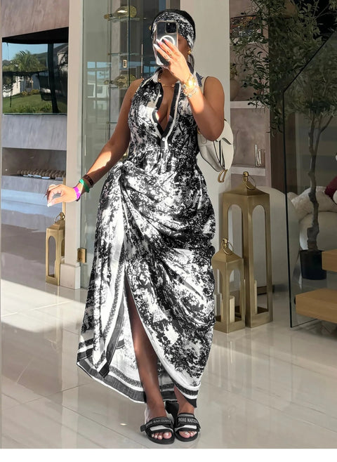 New Tie-dye Printing Sleeveless High Slit Patchwork Long Dress CODE: KAR3990