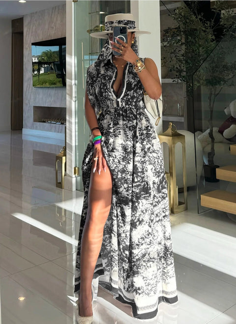 New Tie-dye Printing Sleeveless High Slit Patchwork Long Dress CODE: KAR3990