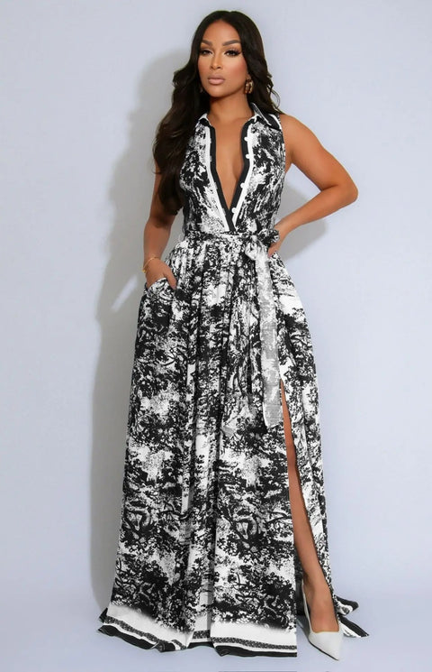New Tie-dye Printing Sleeveless High Slit Patchwork Long Dress CODE: KAR3990