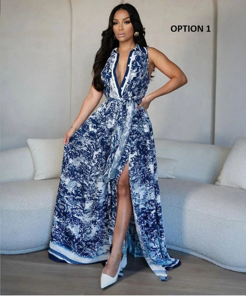 New Tie-dye Printing Sleeveless High Slit Patchwork Long Dress CODE: KAR3990