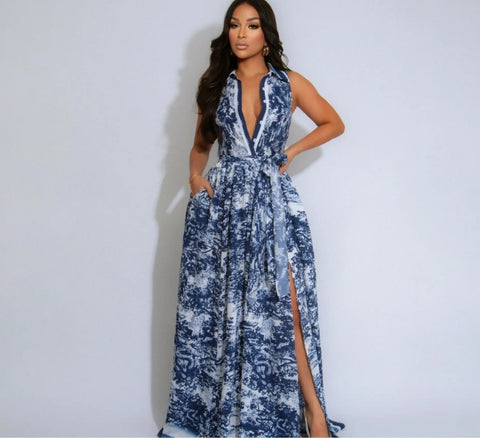 New Tie-dye Printing Sleeveless High Slit Patchwork Long Dress CODE: KAR3990